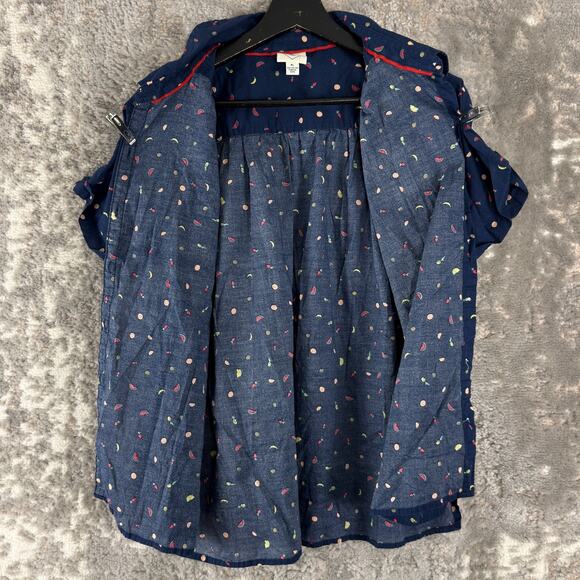 St Johns Bay Petite Size PL Fruit Print Casual Button Top Navy Short Sleeve - Picture 2 of 8